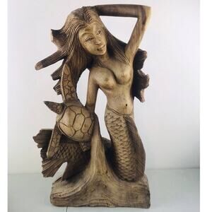 Wood Carved Mermaid Nude Figure Sea Turtle Hand Carved On Drift Wood Burl Heavy
